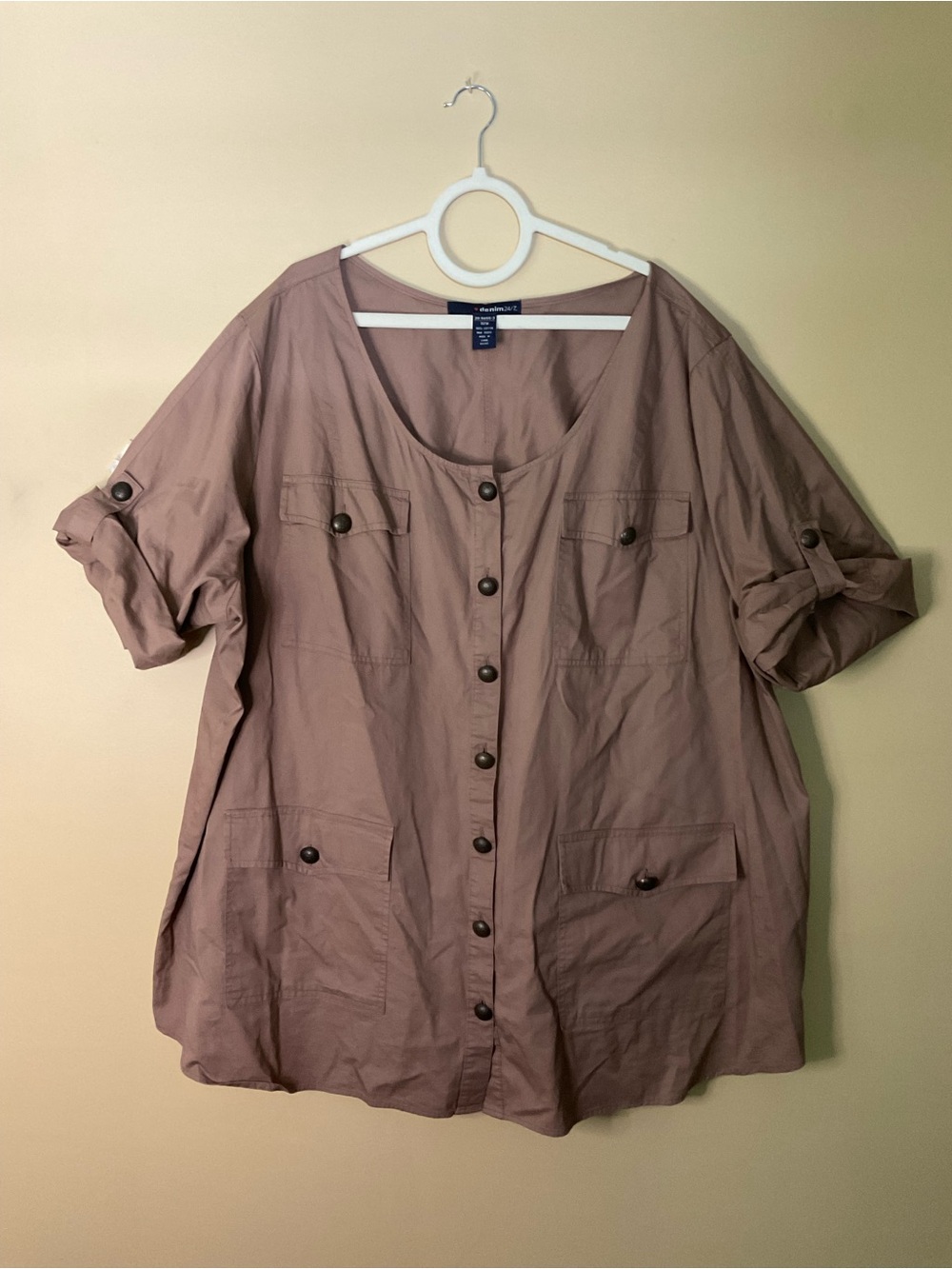 Denim 24/7 Plus 100% Cotton Button-Front Women's Top - Taupe